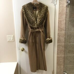 Vintage Long Wool Blend Belted Coat Tissavel France Faux Fur Trim Sz M Relaxed